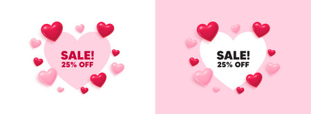 Sale heart shaped banner. 3d flying hearts. Sale 25 percent off discount. Promotion price offer sign. Retail badge symbol. Valentines day greeting card. Cute 3d love hearts. Vectorのイラスト素材