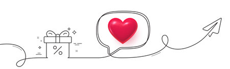 Gift box with Percentage line icon. Continuous line with share plane. Present or Sale sign. Birthday Shopping symbol. Package in Gift Wrap. 3d heart in speech bubble. Vectorのイラスト素材