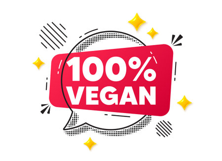 Vegan food chat speech bubble. Social media concept. 100 percent vegan tag. Organic bio food sign. Vegetarian product symbol. Red chat message. Offer speech bubble. Glare 3d stars. Vectorのイラスト素材