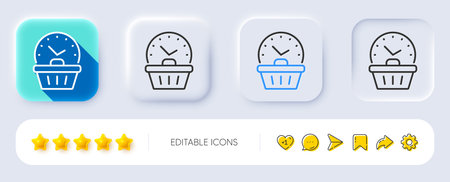 Last minute sale line icon. Neumorphic, Flat shadow, 3d buttons. Shopping opening hours sign....
