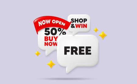 Free speech bubbles. Now open flag ribbon. Free tag. Special offer sign. Sale promotion symbol. Discount chat bubbles with 3d sparkles. Vectorのイラスト素材