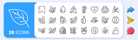 Plants line icons. Interest rate, AI generate, Inflation icons. Mint leaf, Growing plants and Humidity thermometer icons. Bottle with mint water, Nature care, leaf on hand. Vectorのイラスト素材