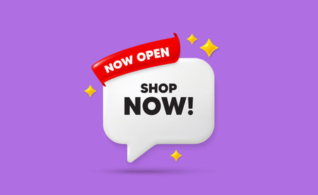 Shop now ribbon speech bubble. Now open flag ribbon. Shop now tag. Special offer sign. Retail Advertising symbol. 3d sparkle stars speech bubble. Vectorのイラスト素材
