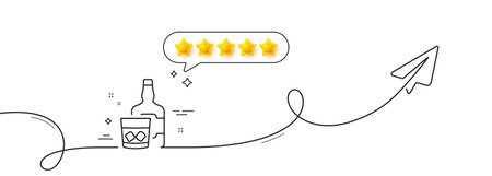Whiskey glass with ice cubes line icon. Continuous line with share plane. Scotch alcohol sign. Five star rate review in speech bubble. Whiskey glass single line ribbon. Loop curve pattern. Vectorのイラスト素材