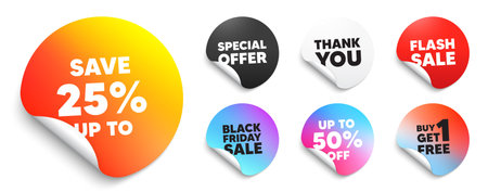 Discount sticker tag. Special offer paper price tags. Save up to 25 percent tag. Discount Sale offer price sign. Special offer symbol. Discount, black friday sticker. Promo banner. Vectorのイラスト素材