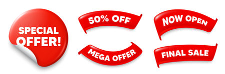 Special offer sticker, Sale offer ribbons. Now open, Mega discount. Special offer tag. Sale sign. Advertising Discounts symbol. Red sticker tag. Flag ribbon banners. Discount offer banners. Vectorのイラスト素材