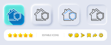 Home insurance line icon. Neumorphic, Flat shadow, 3d buttons. House protect sign. Property defense...