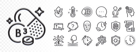 Thermometer, Thoughts and Face biometrics line icons for web app. Glare of light effect. Message icon. Pack of Windmill, World water, Fingerprint pictogram icons. Vectorのイラスト素材
