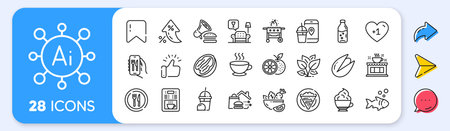 Orange, Leaf and Ice cream milkshake line icons. Interest rate, AI generate, Inflation icons. Pack of Gas grill, Coffee cup, Cappuccino cream icon. Vectorのイラスト素材
