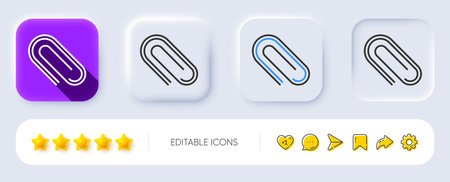 Attach line icon. Neumorphic, Flat shadow, 3d buttons. Attachment paper clip sign. Office stationery object symbol. Line paper clip icon. Social media icons. Vectorのイラスト素材