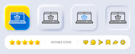 Online Shopping cart line icon. Neumorphic, Flat shadow, 3d buttons. Laptop sign. Supermarket basket symbol. Line online shopping icon. Social media icons. Vectorのイラスト素材