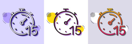 Timer 15 minutes line icon. Halftone dotted pattern. Gradient icon with grain shadow. Stopwatch time sign. Countdown clock symbol. Line timer icon. Various designs. Vectorのイラスト素材