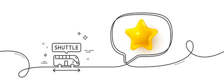Shuttle bus line icon. Continuous line with 3d star. Airport transport sign. Transfer service symbol. 3d star in speech bubble. Shuttle bus single line ribbon. Loop curve pattern. Vectorのイラスト素材