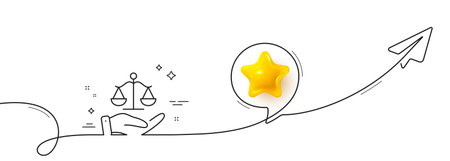 Justice scales line icon. Continuous line with share plane. Judgement scale sign. Legal law symbol....