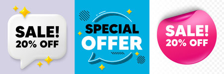 Sale speech bubble. 3d sparkles chat, Paper sticker. Sale 20 percent off discount. Promotion price...