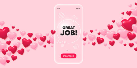 Great job glass mobile phone. 3d hearts pink background. Great job tag. Recruitment agency sign. Hire employees symbol. Transparent speech bubble banner. Flying hearts. Vectorのイラスト素材