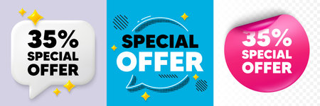 Discount speech bubble. 3d sparkles chat, Paper sticker. 35 percent discount offer tag. Sale price...