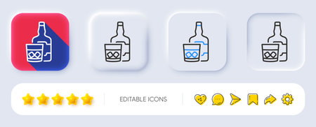 Whiskey glass with ice cubes line icon. Neumorphic, Flat shadow, 3d buttons. Scotch alcohol sign. Line whiskey glass icon. Social media icons. Vectorのイラスト素材