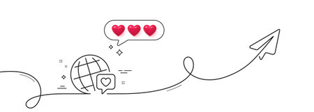 Friends world line icon. Continuous line with share plane. Friendship love sign. World brand ambassador symbol. Hearts rate review in speech bubble. World brand single line ribbon. Vectorのイラスト素材