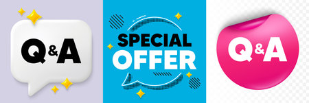 Questions answers speech bubble. 3d sparkles chat, Paper sticker. Questions and answers icon. Answer question sign. Faq symbol. Special offer bubble. Halftone dots pattern. Vectorのイラスト素材