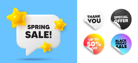 Spring sale speech bubble, sticker tags. Discount, Black friday stickers. Spring Sale tag. Special offer price sign. Advertising Discounts symbol. Thank you tag. 3d stars chat bubble. Vectorのイラスト素材