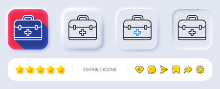 First aid kit line icon. Neumorphic, Flat shadow, 3d buttons. Medical case sign. Line first aid icon. Social media icons. Vectorのイラスト素材