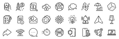 Wifi, Settings gears and Dice line icons pack. Share, Message, Paper plane icons. Chat message, Video conference, Table lamp web icon. Lock, Fake news, Phone pay pictogram. Vectorのイラスト素材