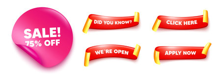 Sale sticker, offer ribbons. Apply now, Did you know. Sale 75 percent off discount. Promotion price offer sign. Retail badge symbol. Pink sticker tag. Flag ribbon banners. Vectorのイラスト素材