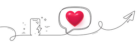 Smartphone charging line icon. Continuous line with share plane. Phone charge sign. Mobile device energy symbol. 3d heart in speech bubble. Smartphone charging single line ribbon. Vectorのイラスト素材