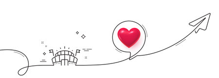 Sports arena line icon. Continuous line with share plane. Stadium with flags sign. Sport complex symbol. 3d heart in speech bubble. Sports arena single line ribbon. Loop curve pattern. Vectorのイラスト素材