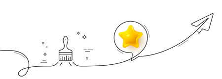 Paint brush line icon. Continuous line with share plane. Wall paintbrush sign. Creative drawing art symbol. 3d star in speech bubble. Brush single line ribbon. Loop curve pattern. Vectorのイラスト素材