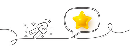Keys line icon. Continuous line with 3d star. Door access lock sign. Buy new house symbol. 3d star in speech bubble. Keys single line ribbon. Loop curve pattern. Vectorのイラスト素材
