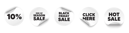 Discount sticker tag. Season sale, Black friday paper price banners. 10 percent off sale tag. Discount offer price sign. Special offer symbol. Click here sticker. Vectorのイラスト素材