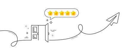 Open door line icon. Continuous line with share plane. Entrance doorway sign. Building exit symbol. Five star rate review in speech bubble. Open door single line ribbon. Loop curve pattern. Vectorのイラスト素材