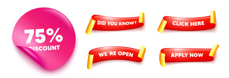 Discount sticker, offer ribbons. Apply now, Did you know. 75 percent discount tag. Sale offer price sign. Special offer symbol. Pink sticker tag. Flag ribbon banners. Vectorのイラスト素材