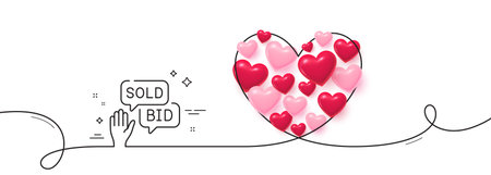 Bid offer line icon. Continuous line big heart. Auction sign. Raise the price up symbol. 3d hearts in heart shaped loop. Bid offer single line ribbon. Loop curve pattern. Vectorのイラスト素材
