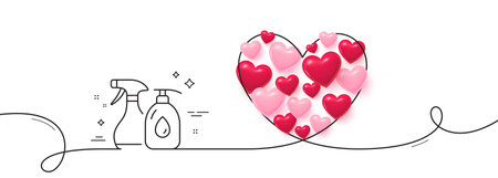 Cleaning liquids line icon. Continuous line big heart. Antiseptic spray sign. Washing symbol. 3d hearts in heart shaped loop. Cleaning liquids single line ribbon. Loop curve pattern. Vectorのイラスト素材