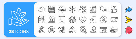 Seo gear, Rainy weather and Medical certificate line icons. Interest rate, AI generate, Inflation icons. Pack of Check article, Snowflake, Best manager icon. Vectorのイラスト素材