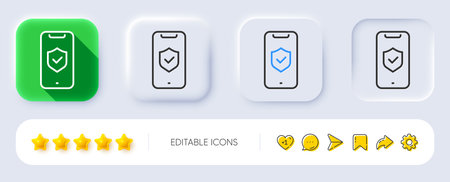 Phone protection line icon. Neumorphic, Flat shadow, 3d buttons. Cyber defence sign. Security shield symbol. Line phone protection icon. Social media icons. Vectorのイラスト素材