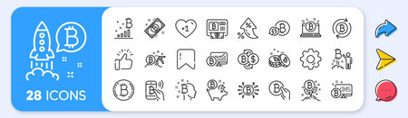 Cryptocurrency line icons. Interest rate, AI generate, Inflation icons. Set of Blockchain, Crypto ICO start up and Bitcoin icons. Mining, Cryptocurrency exchange, gold pickaxe. Vectorのイラスト素材