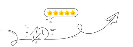 Charging time line icon. Continuous line with share plane. Charge accumulator sign. Electric power symbol. Five star rate review in speech bubble. Charging time single line ribbon. Vectorのイラスト素材