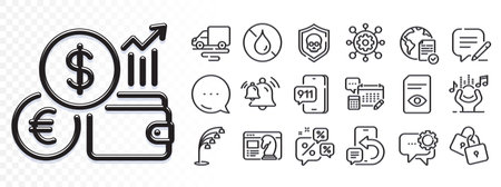 Locks, Discounts chat and Bell line icons for web app. Glare of light effect. Message icon. Pack of Currency rate, Online voting, Account pictogram icons. Vectorのイラスト素材