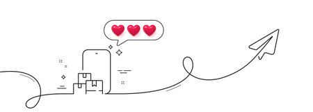 Online storage line icon. Continuous line with share plane. Internet delivery sign. Mobile device service symbol. Hearts rate review in speech bubble. Online storage single line ribbon. Vectorのイラスト素材