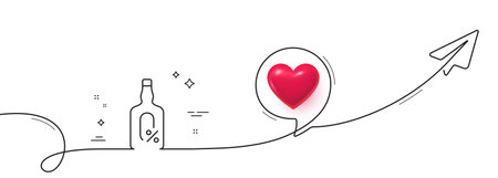 Alcohol free line icon. Continuous line with share plane. Whiskey bottle sign. Bar drink symbol. 3d heart in speech bubble. Alcohol free single line ribbon. Loop curve pattern. Vectorのイラスト素材