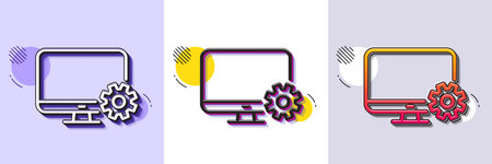 Computer or Monitor icon. Halftone dotted pattern. Gradient icon with grain shadow. Service Cogwheel sign. Personal computer symbol. Line monitor settings icon. Various designs. Vectorのイラスト素材