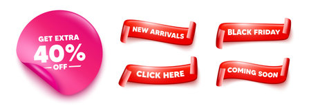 Extra discount sticker, offer ribbons. Black friday, coming soon. Get Extra 40 percent off Sale. Discount offer price sign. Special offer symbol. Save 40 percentages. Pink sticker tag. Vectorのイラスト素材