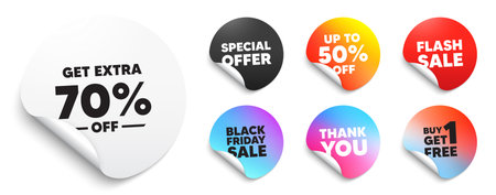 Extra discount sticker tag. Special offer paper price tags. Get Extra 70 percent off Sale. Discount offer price sign. Special offer symbol. Save 70 percentages. Discount, black friday sticker. Vectorのイラスト素材