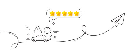 Exhaust line icon. Continuous line with share plane. Car co2 fumes sign. Vehicle danger emission symbol. Five star rate review in speech bubble. Exhaust single line ribbon. Loop curve pattern. Vectorのイラスト素材