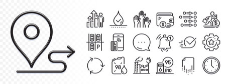 Contactless payment, Recycling and Parking place line icons for web app. Glare of light effect. Message icon. Pack of Petrol station, Wallet, Reminder pictogram icons. Vectorのイラスト素材