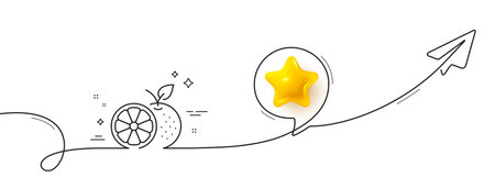 Orange line icon. Continuous line with share plane. Fruit food sign. Diet nutrition symbol. 3d star in speech bubble. Orange single line ribbon. Loop curve pattern. Vectorのイラスト素材